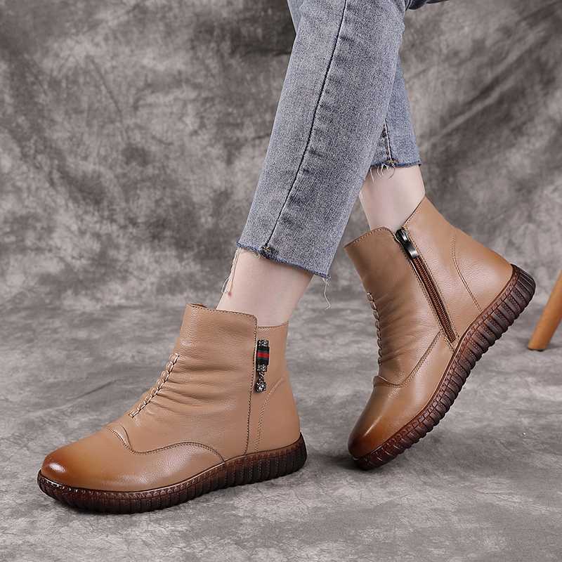 

Retro leather short boots women 2020 autumn and winter new comfortable flat solid color cotton shoes soft sole women's boots, Khaki
