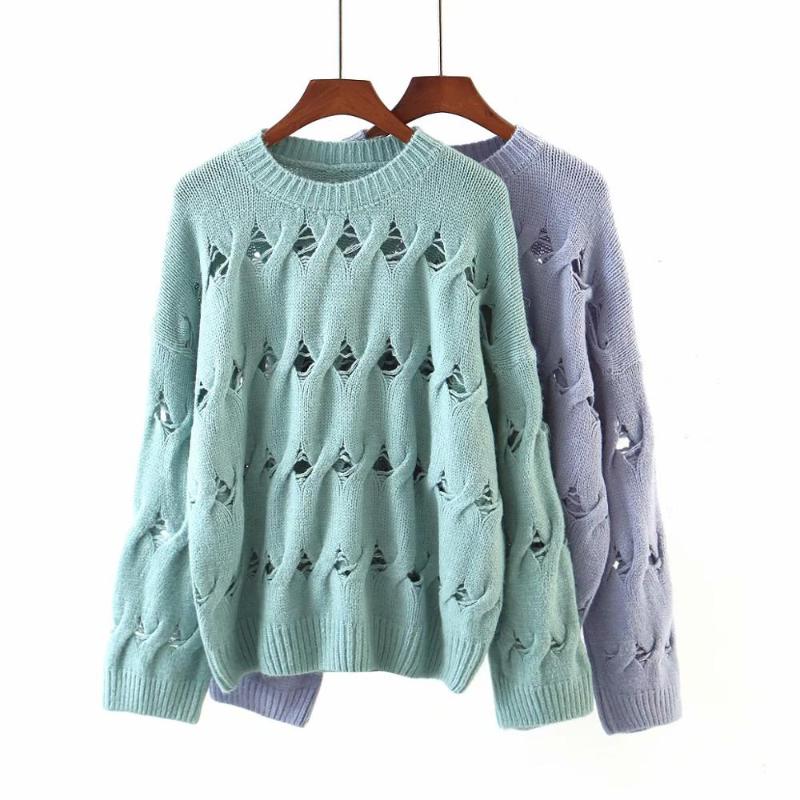 

2020 New Women Knitted top Cut out O-neck long sleeve fashion casual sweater femme vetement ropa mujer, Purple