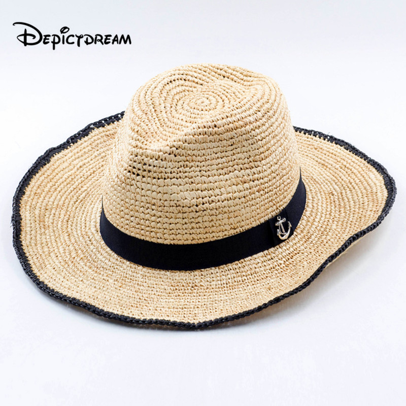 

New summer women Natural Lafita beach hat sun hat foldable Hand knitted Metal Anchor Decoration block UV protection, As shown