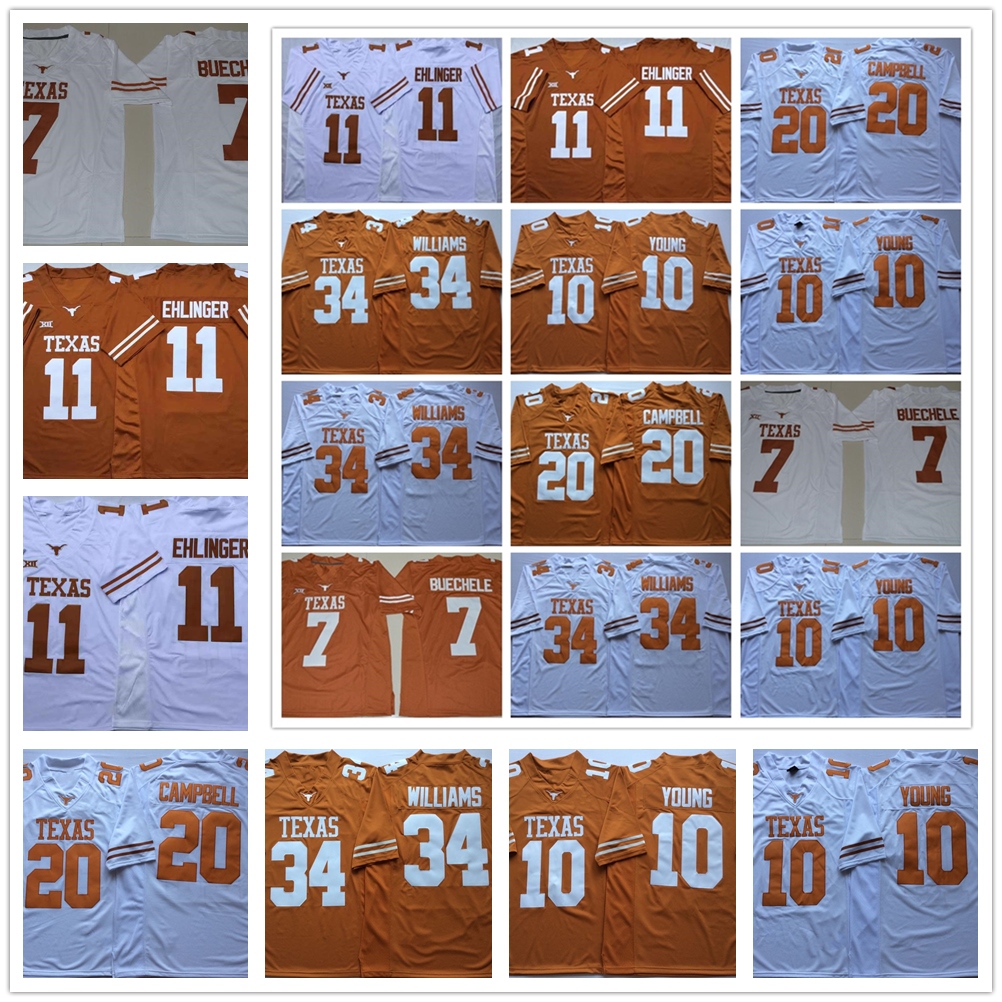 

NCAA Texas Longhorns 11 Sam Ehlinger 10 Vince Young 34 Ricky Williams 20 Earl Campbell 7 Shane BuecheleCollege Football jerseys, Orange