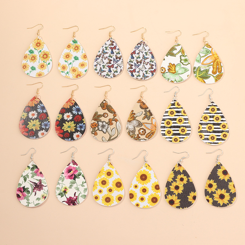 

New Water Drop PU Earrings Print Water Drop Leather Earrings Sunflower Flowers Butterfly Woman Holiday Jewelry