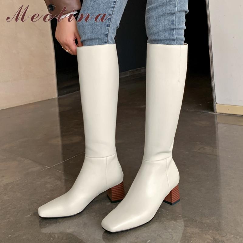 

Meotina Women Knee High Boots Shoes Genuine Leather High Heel Long Boots Square Toe Chunky Heels Zip Lady Autumn Winter, Black synthetic lin