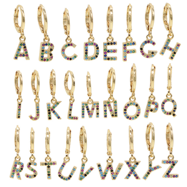 

1 PCS 2020 Fashion 26 Initial customize letter personalized jewelry rainbow colorful cz paved letter Alphabet drop earring 1 Pcs
