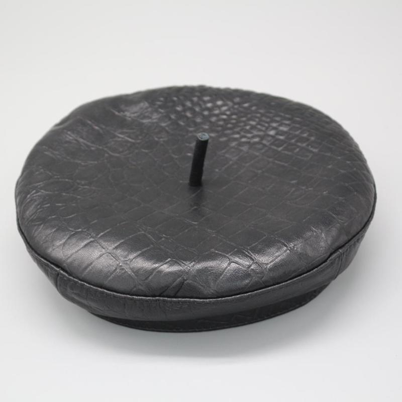 

Hat beret style women fashion real leather hat winter autumn sweet Retro Leather, Black