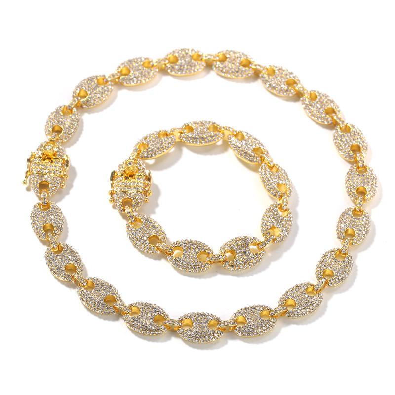 

Hip Hop Men's Cubic Zircon Full Diamond Pig Nose Alloy Bracelet Necklace Set 8inch + 24inch Dainty Light Luxury Jewelry Gift