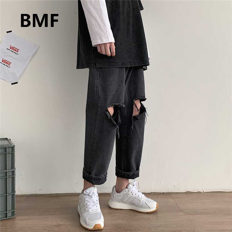 

2020 Korean Style Knee Ripped Jeans Men Clothing Hip Hop Kpop Clothes Black Jeans Fashion Denim Straight Beggar Pants Male