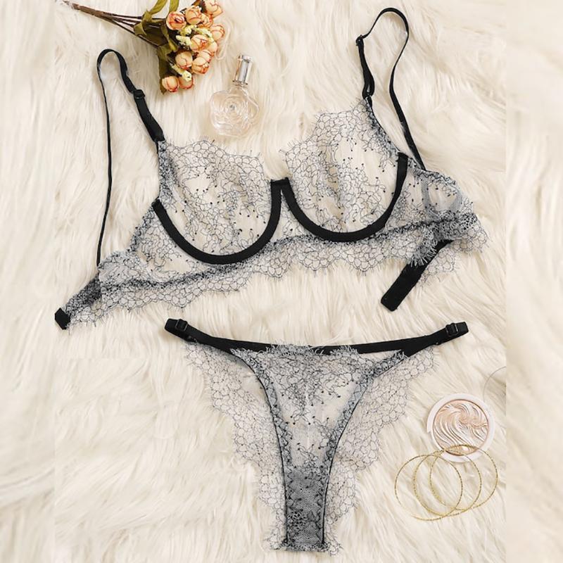 

Underwear Women Set Sexy Floral Lace Brassiere Femme Sleepwear Push Up Bra Thong Sexy Lingerie Corset Bra Briefs Lingerie Sets, White