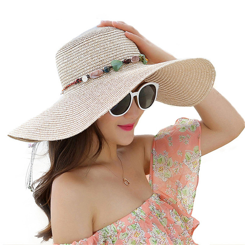 

2020 Hot women big brim sun hats foldable colorful stone hand made straw hat female summer hat casual shade cap beach, 04