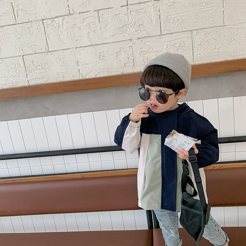 

Spring Autumn boys fashion patchwork hooded outdoor jackets kids children loose casual outwears coats, Navy