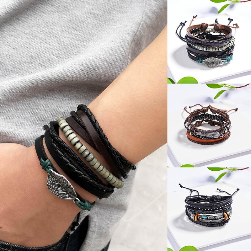 

Belleper Vintage Leather Leaf Wood Bead Bracelet Set Men Women Handmade Punk Jewelry Multiplelayer Adjustable Wristband Bracelet