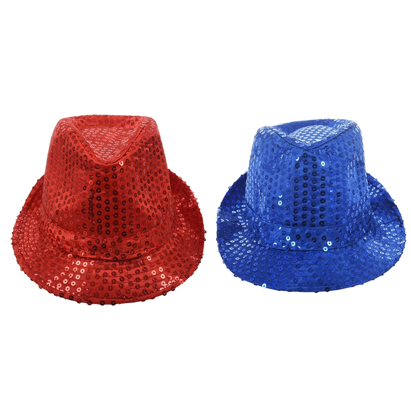 

2pcs Sequin Trilby Hat Top Hat Fancy Dress Party Hen Stag Night Dance Theatre Shows - Red & Blue, White
