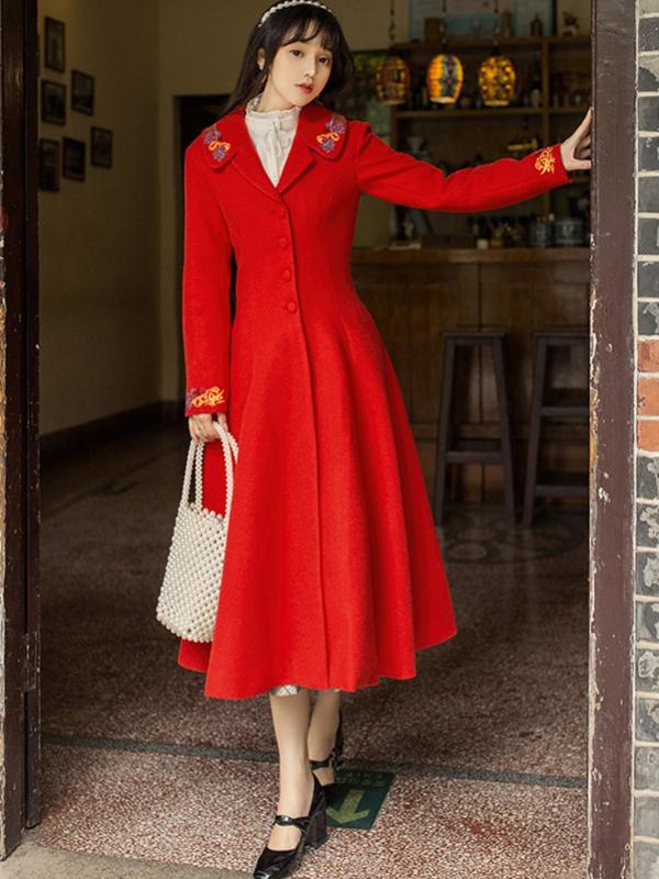 

Women Winter Coat Wool Vintage Embroidery Elegant Clothes Chinese Red Fashion Outwear Wool Slim A Word Warm Long Coat 2020 New