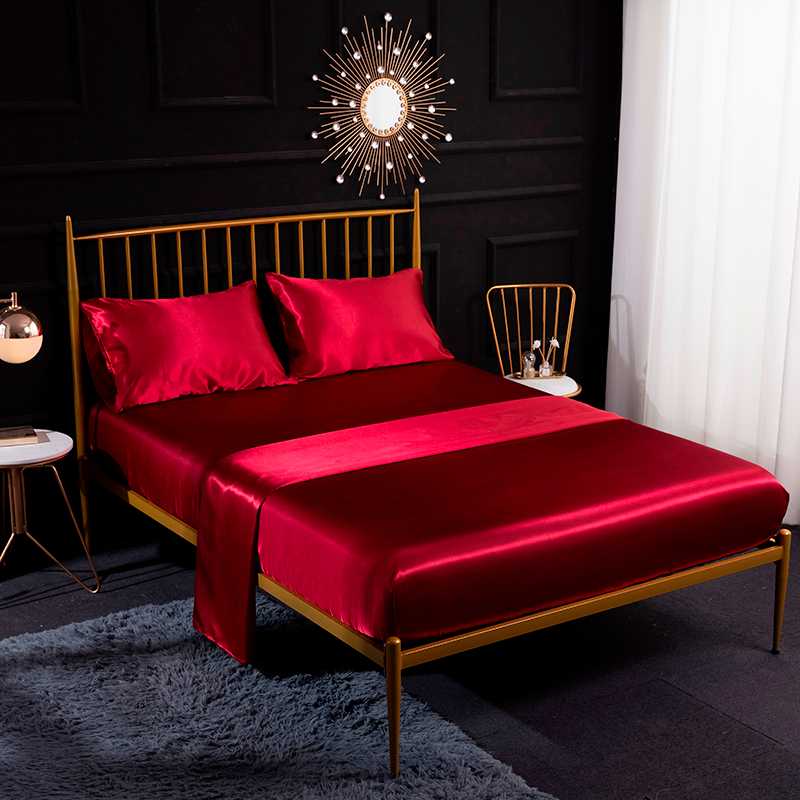 

Bedding Sets Wedding Satin Set 3/4pcs Solid Color Imitation Silk Flat Sheet Fitted Pillowcase Multi Size Home Bedclothes, Model 6 black