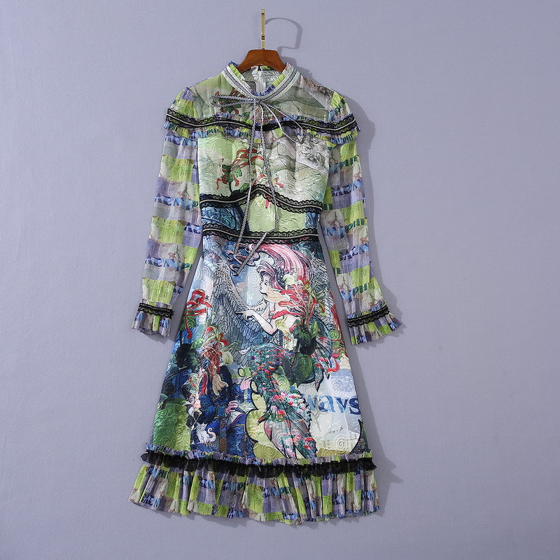 

European and American women' clothing 2020 winter new style Long - sleeved bow collar Vintage oil print Fashion dress, Green