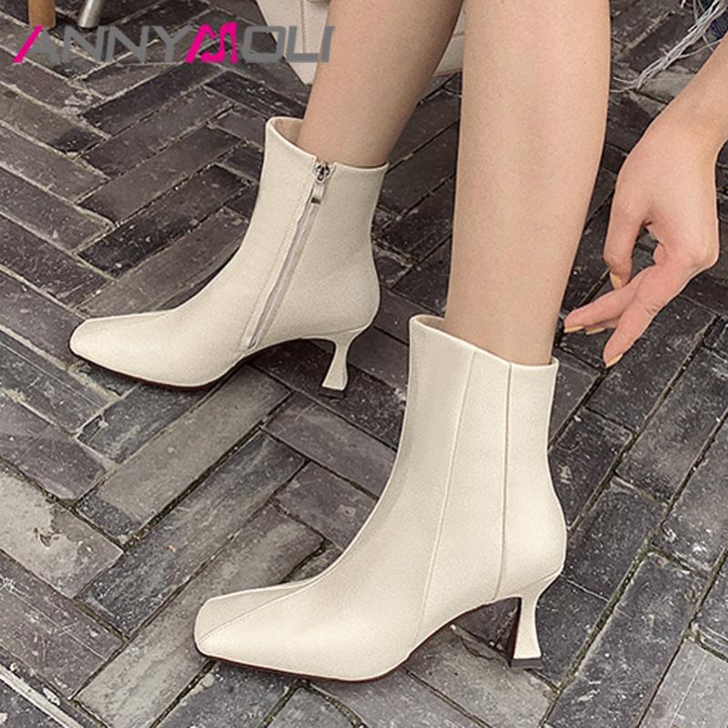 

ANNYMOLI Women Ankle Boots Shoes Zip High Heel Lady Fashion Boots Square Toe Stiletto Heels Short Autumn Winter Beige 43, Black synthetic lin