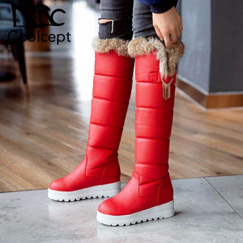 

CoolCept Women Plush Fur Knee High Boots Keep Warm Winter Snow Boots Thick Sole Platform Shoes Woman Footwear Size 32-43, Black