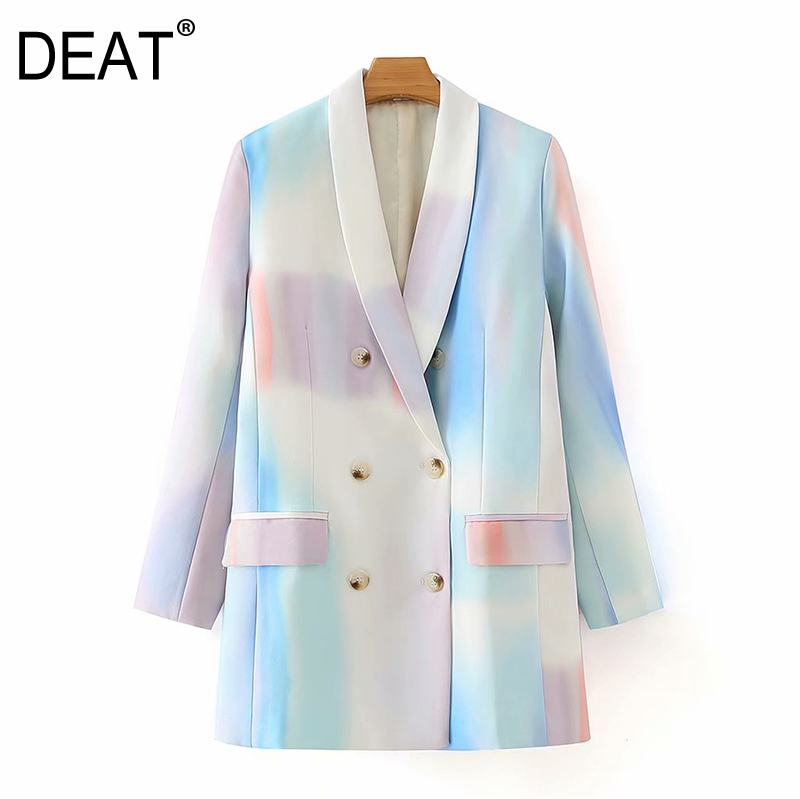 

DEAT] Women Contrast Color Double Breasted Blazer New Lapel Long Sleeve Loose Fit Jacket Fashion Tide Spring Autumn 2020 13T866, As shown