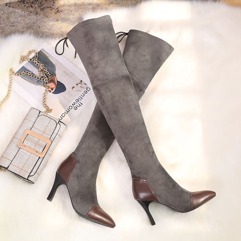 

Casual Slip-On Pointed Toe Fashion Women Boots PU Platform Mixed Colors Long Boots Super High Square Heel Sewing Winter Shoes, Black