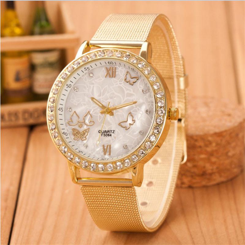 

Wristwatches Business Women Wrist Watch Elegant Ladies Crystal Roman Numerals Golden Plated Metal Mesh Band D30, Gold