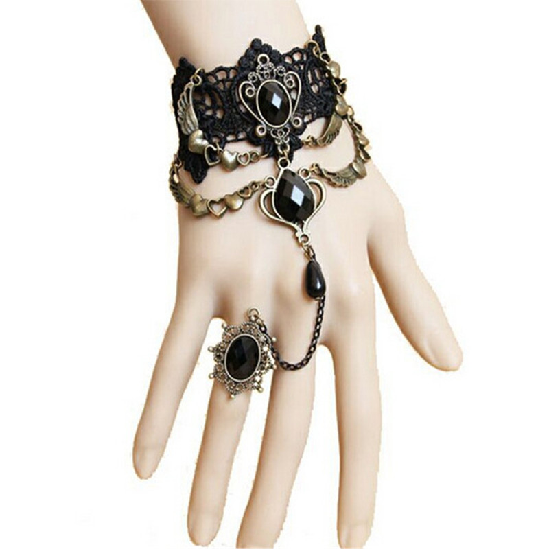 

Black Lace Bracelet Finger Hand Chain Harness Women Bracelet Metal Crystal Charm best Gifts Jewelry Accessories