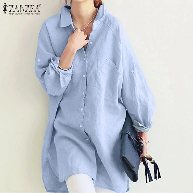 

2020 Women Casual Loose Blouse Spring Long Sleeve Lapel Neck Tops ZANZEA Fashion Solid Blusas Femininas Chemise Tunic Top Baggy, White