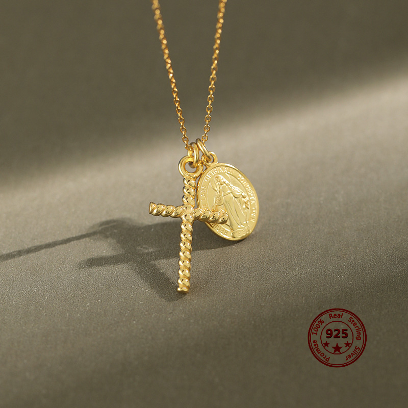 

Korean Version Of 100% 925 Sterling Silver Necklace Gold-plated Cross And Coin Round Tag Simple INS Style Female Jewelry