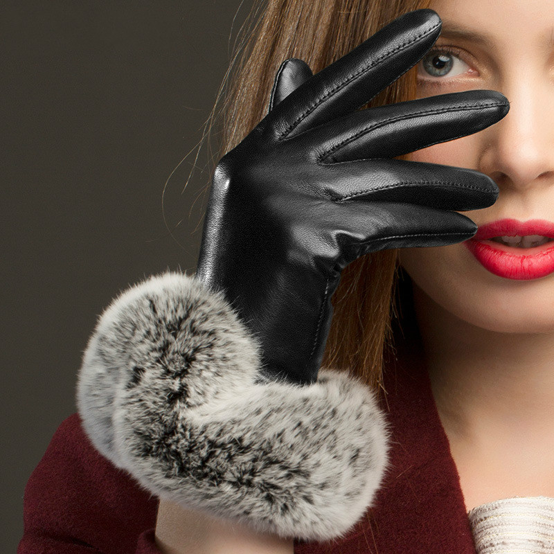 

Women Touch Screen Genuine Leather Gloves Ladies Winter Warm Cold Protection Driving Rex Fur Sheepskin Mittens H3224