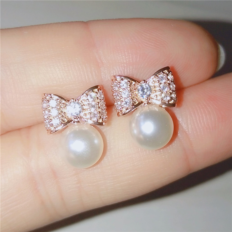 

UILZ High Quality Delicate White Gold Knot Pearl Stud Earrings for Women Brincos Jewelry UE129
