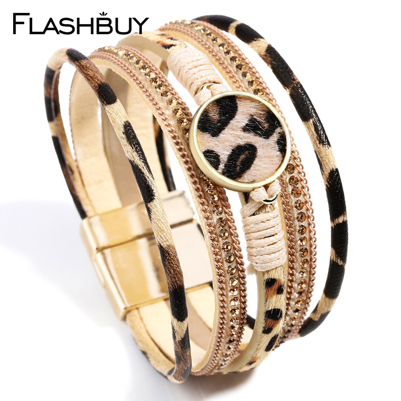 

Flashbuy Leopard Leather Genuine Multilayer Bracelets For Women Trendy Round Metal Charm Wool Wrap Bracelet Boho Female Bangles