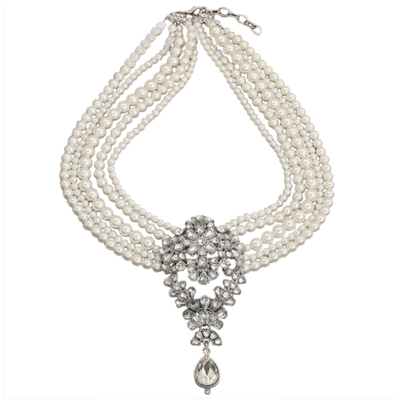 

Vintage Multi-Pearls Crystal Pendant Necklace Fashion Chunky Statement Choker Charm Jewelry for Women Lady Gift Party