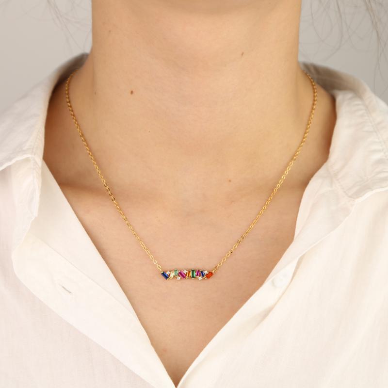 

Simple rainbow baguette cubic zirconia cz bar necklace multi colored geometric minimal Gold filled high quality wedding necklace