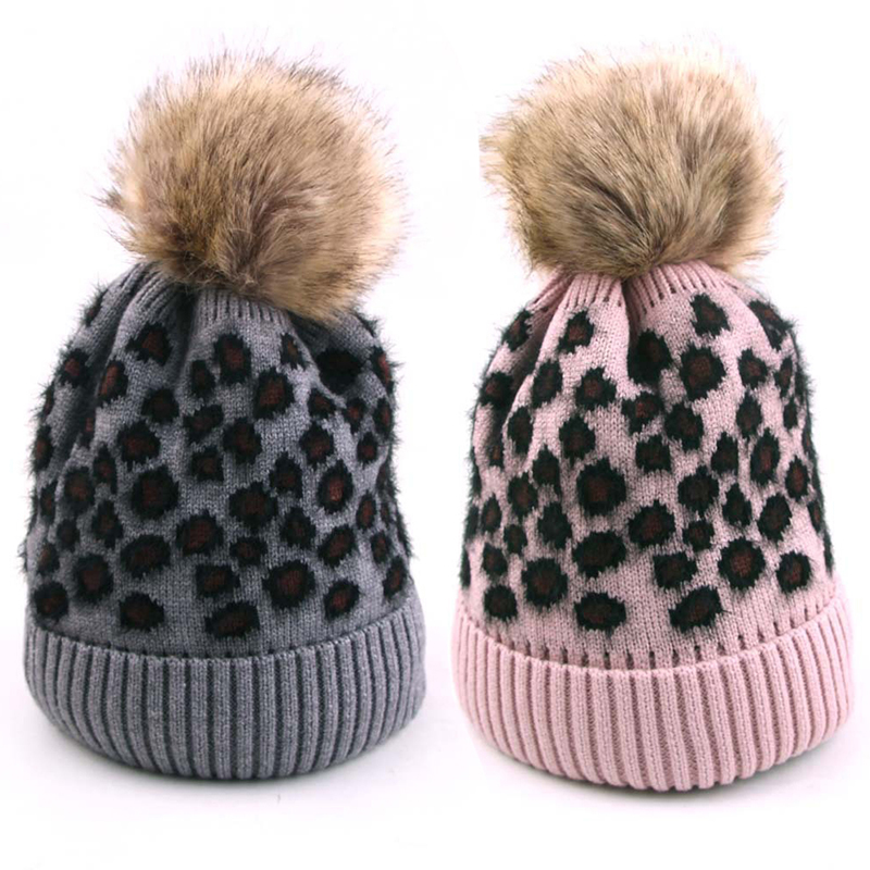

2020 Winter Leopard Hat Pom Pom Bobble Warm Women Knit Beanie Christmas Gift Ladies Crochet Caps Skullies Fashion New Accessory, Pink