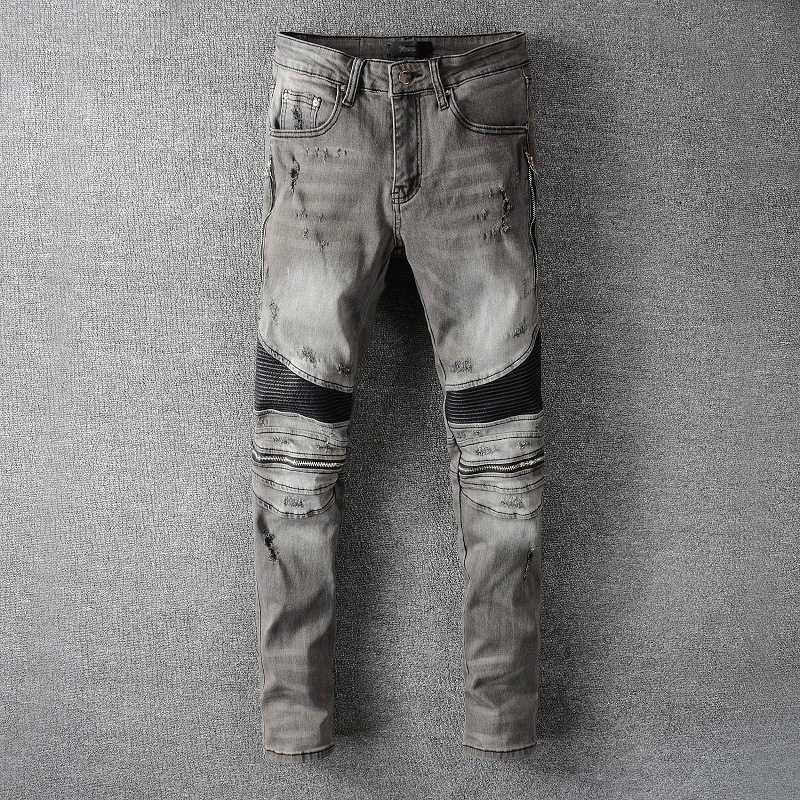 

Punk Rock Zipper Pleated Jeans Men Slim Fit Distressed Motocycle Biker Jeans Pants Men Hip Hop Party Club Calsas Masculina, Gray