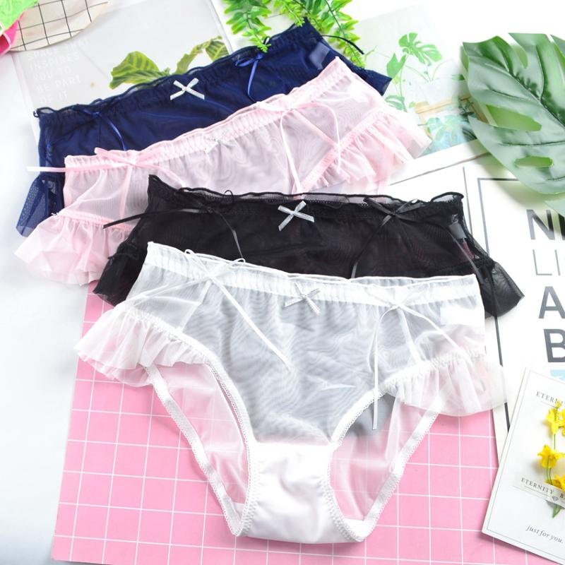 

Japanese net simple sexy women briefs transparent hollow out solid bow female underwear women underpants, Black