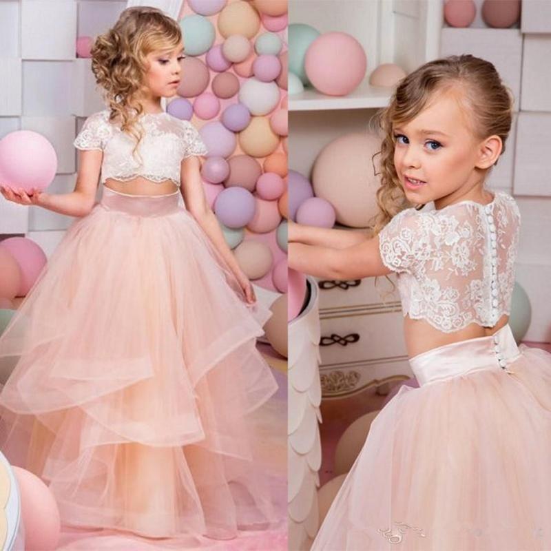 

2020 Vestidos Primera Comunion Two Piece Ball Gown Flower Girl Dress Lace Toddler Glitz Pageant Dresses Pretty Kids Prom Gown, Champagne