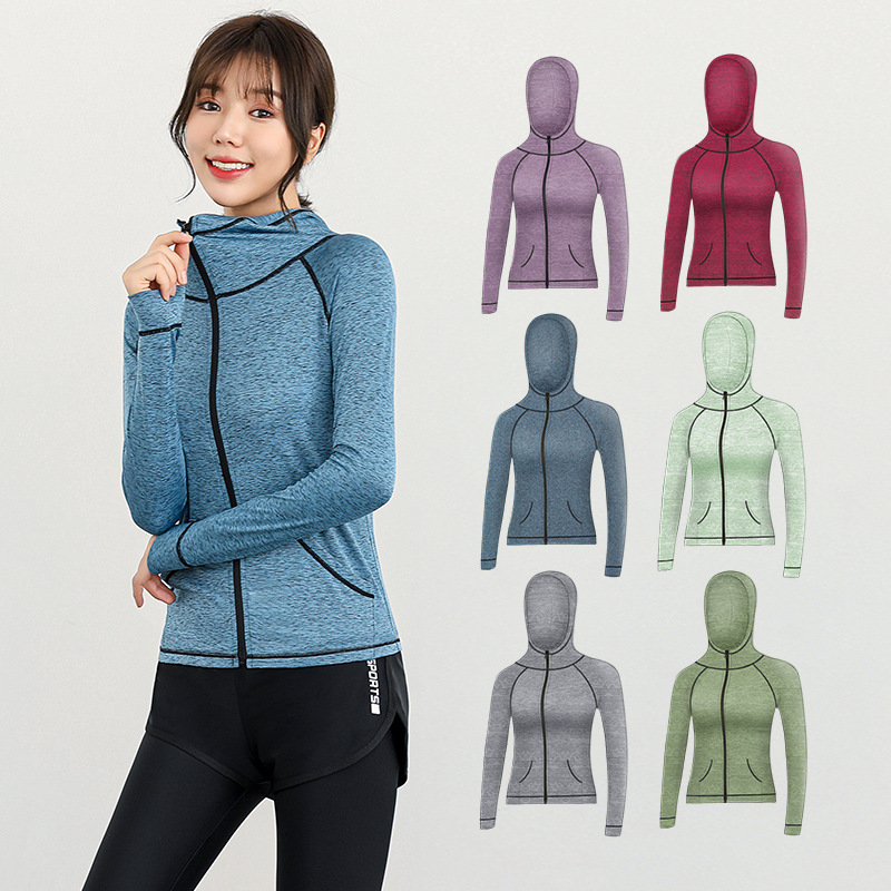 

long sleeve yoga top clothing thin coat fitness jacket sports hooded jacket sportswear autumn women workout tops, Blue light 6