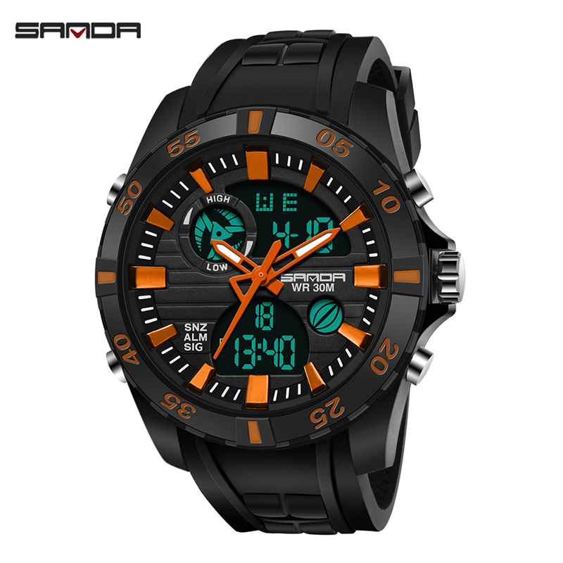 

SANDA Outdoor Sports Men Quartz Dual Time Stop Watch Luminous Complete Calendar Double Movement Men Digital Watch, Gold