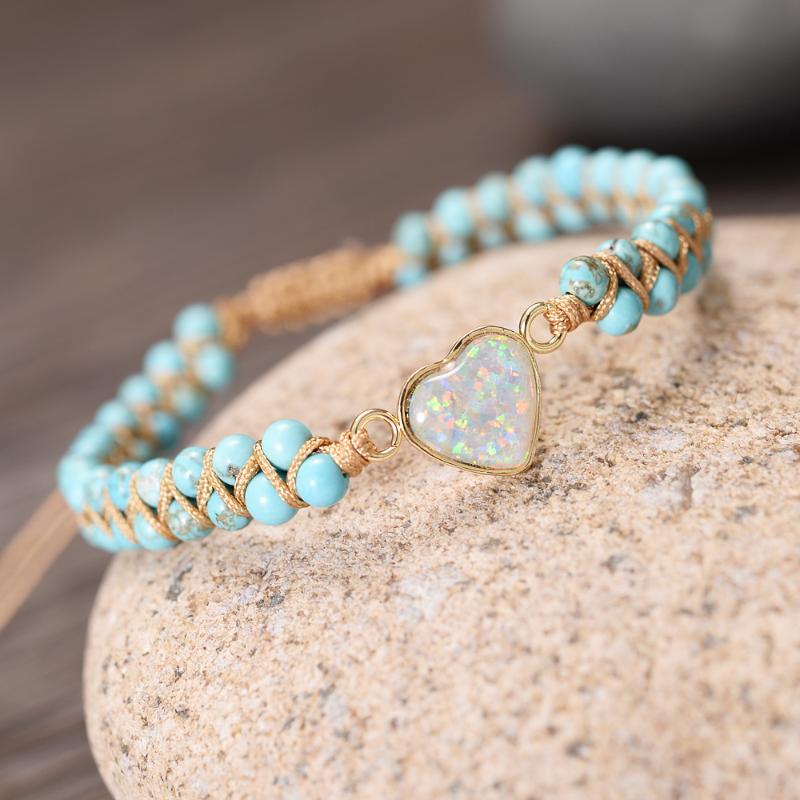 

Heart Opal Charm Bracelets Handmade Double Layers 4 mm Stones Beaded Love Women Jewelry