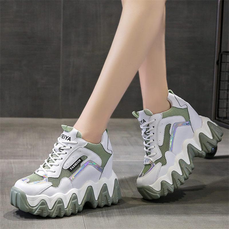 

Women Breathable Platform Wedge Fashion Sneakers High Heels Sport Sandals Round Toe Lace Up Ankle Boots Punk Creepers Casual New, Green