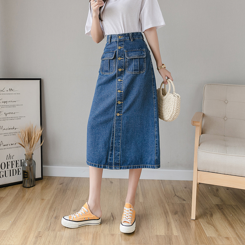

Ladies Long Denim Skirts Womens Vintage High Waist Jeans Skirt Button Pocket Straight A-line Pencil Elegant Cowboy Skirts