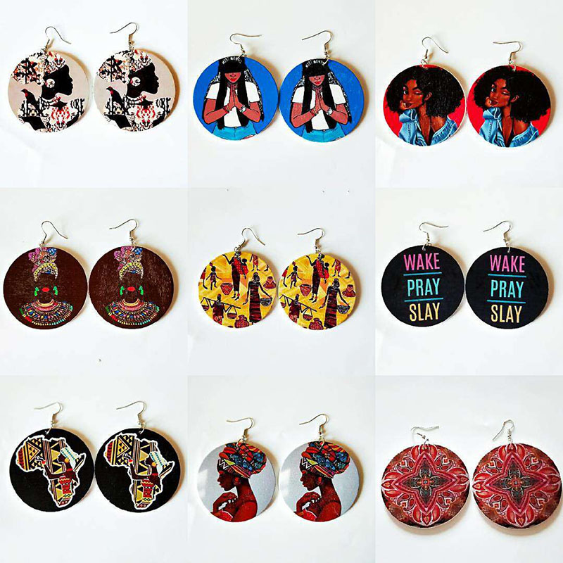 

Wood Rock Africa Map Black Queen Wake Pray Slay Letters Brave Girls Earrings Vintage Party Jewelry Retro Wooden DIY Accessory