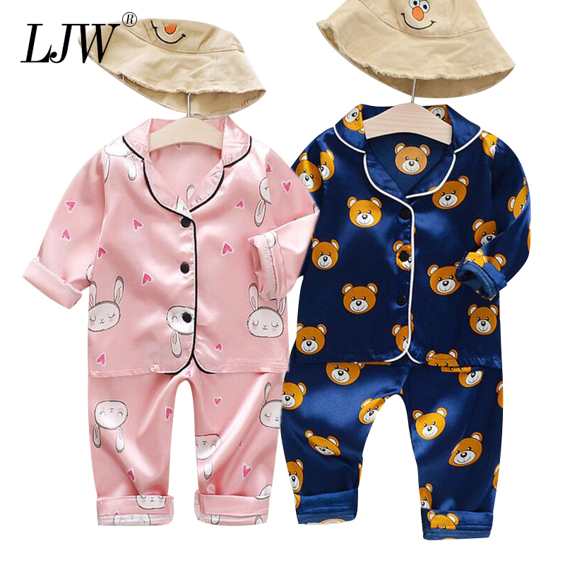

Long Sleeve Baby suit Kids Clothes Toddler Boys Girls Ice silk satin Cartoon little bear Tops Pants Set for Children's home Wear, As picture13
