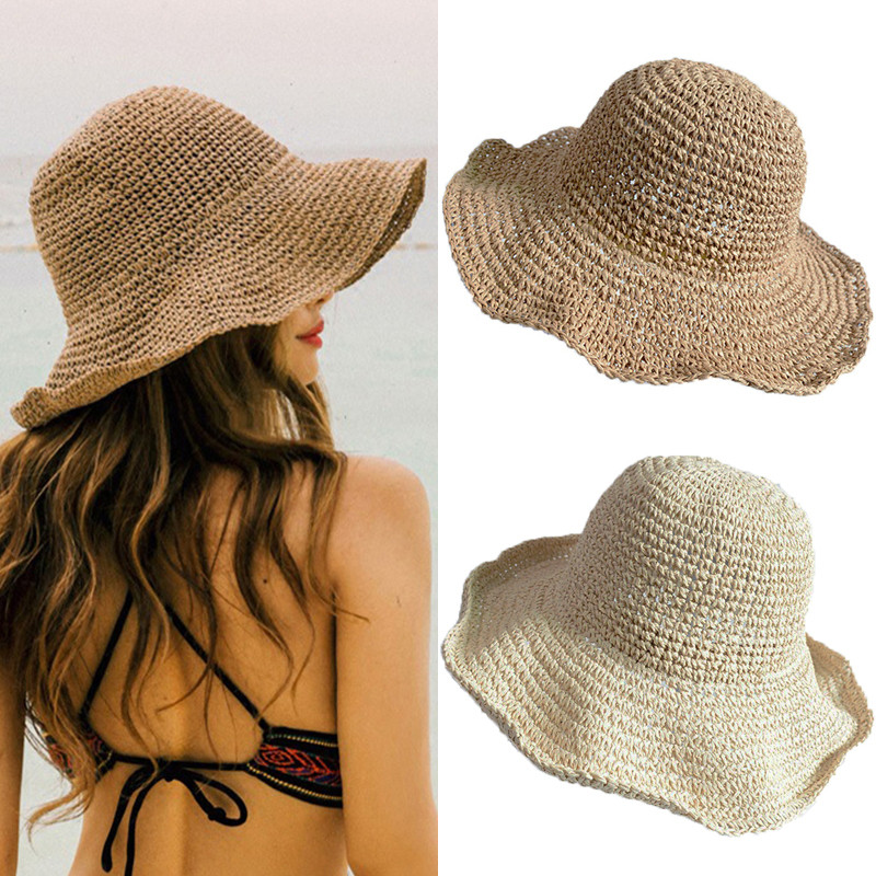 

New Fashion Women Sun Hat Foldable Large Wide Brim Straw Hat Summer Beach Seaside Cap UV Protection Hats, Khaki