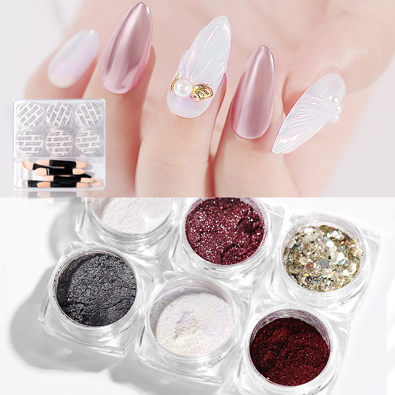 

6Pcs/Set Magic Mirror Nail Glitter Powder For Manicure Sequins Glit Laser Dusts Beauty Nails Neon Pearl Shell Pigments for Women