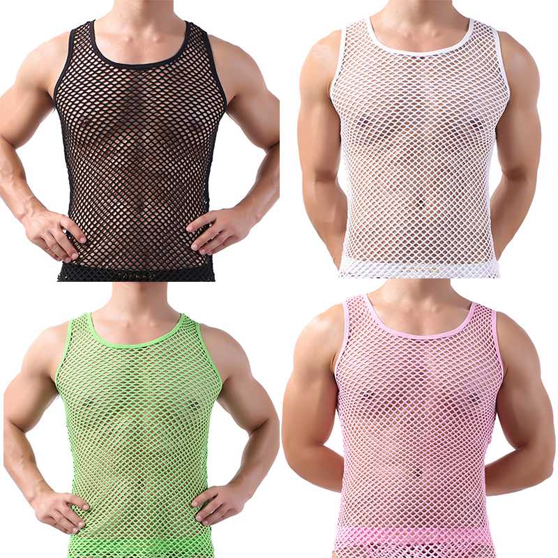 

Sexy Mens Undershirts Mesh Transparent Tank Tops Fishnet Breathable Sleeveless Shirts Sleepwear Sports Fitness Casual Camiseta, Black