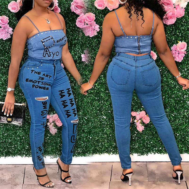 

2020 Women jeans skinny Creative graffiti letter print slim jeans women blue Hole print Pencil Pants denim trousers -3XL