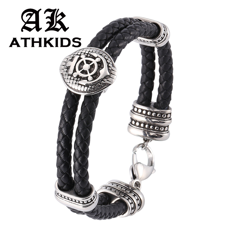 

Retro Personality Stainless Steel Rudder Shield Black Braided Double Layer Leather Bracelets Fashion Charm Wrist Band PD0177