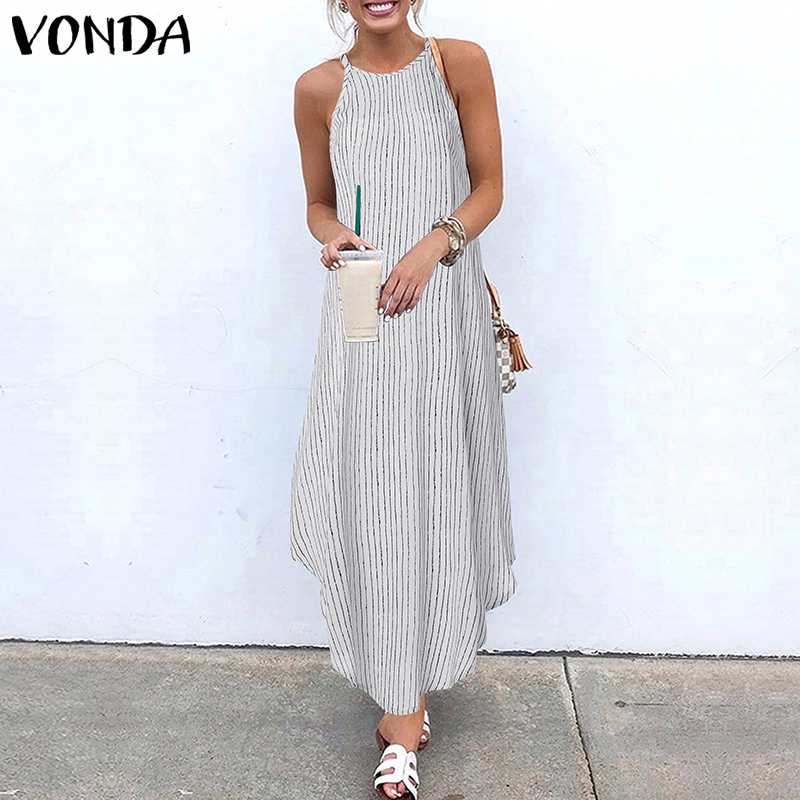 

VONDA Holiday Women Dress Spaghetti Strap Asymmetric Hem Long Dress 2020 Summer Striped Vestido Casual Kaftan Plus Size, Black