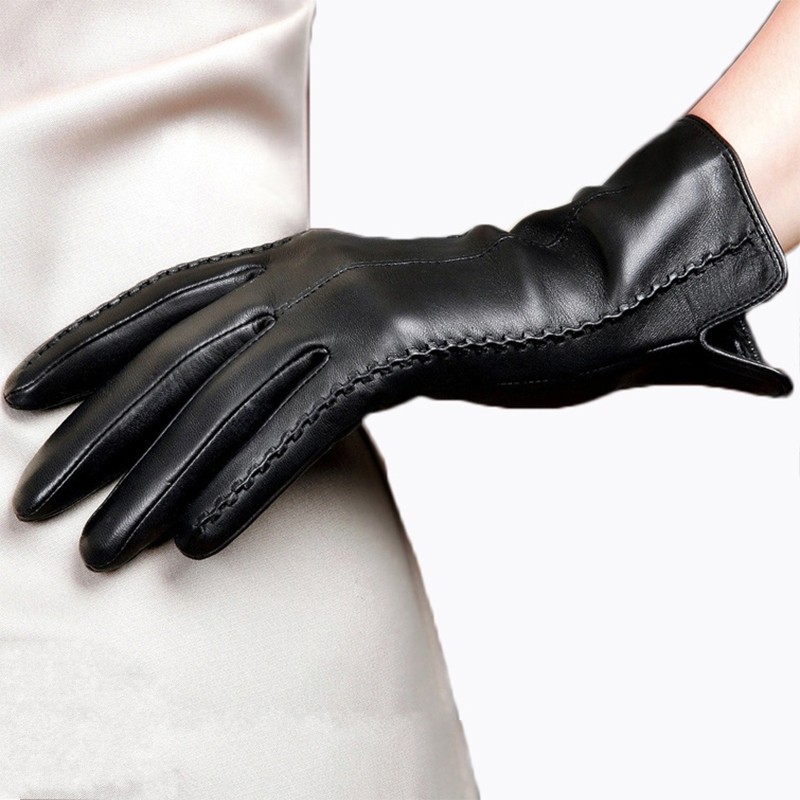 

New Ruffle Lady Mittens Sheepskin Genuine Leather Black Hand Gloves Women Winter Warm Fleece Driving Gloves Handschoenen Guantes
