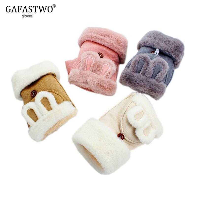 

Winter Plus Velvet Thick Warm Suede Gloves Female Cute Cartoon Students Half Finger Flip Gloves